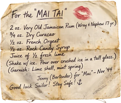A handwritten Mai Tai recipe on a cocktail napkin, Honolulu 1944