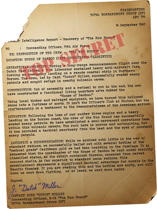 A top-secret intelligence report on the recovery of The Rum Hound, signed by Capt. J. 'Dutch' Miller
