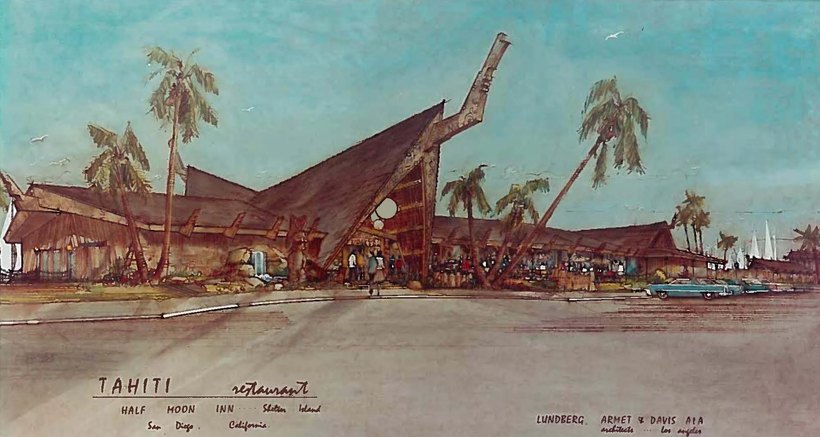 A watercolour drawing of a Tahitian tiki bar