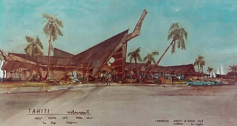 A watercolour drawing of a Tahitian tiki bar